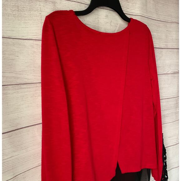 A. Byer Red and Black Blouse Split Back High Low Hem Lace Sleeve Size L - Picture 16 of 16